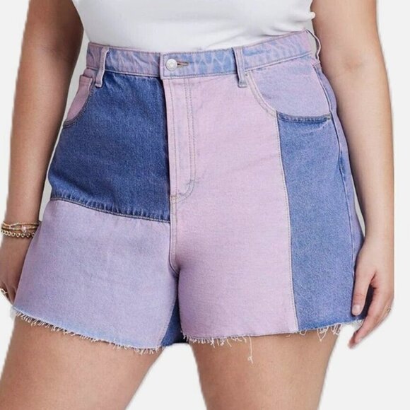 NWT Wild Fable Women's Purple Patchwork Super High-Rise Cut-Off Midi Jean Shorts - Picture 1 of 2